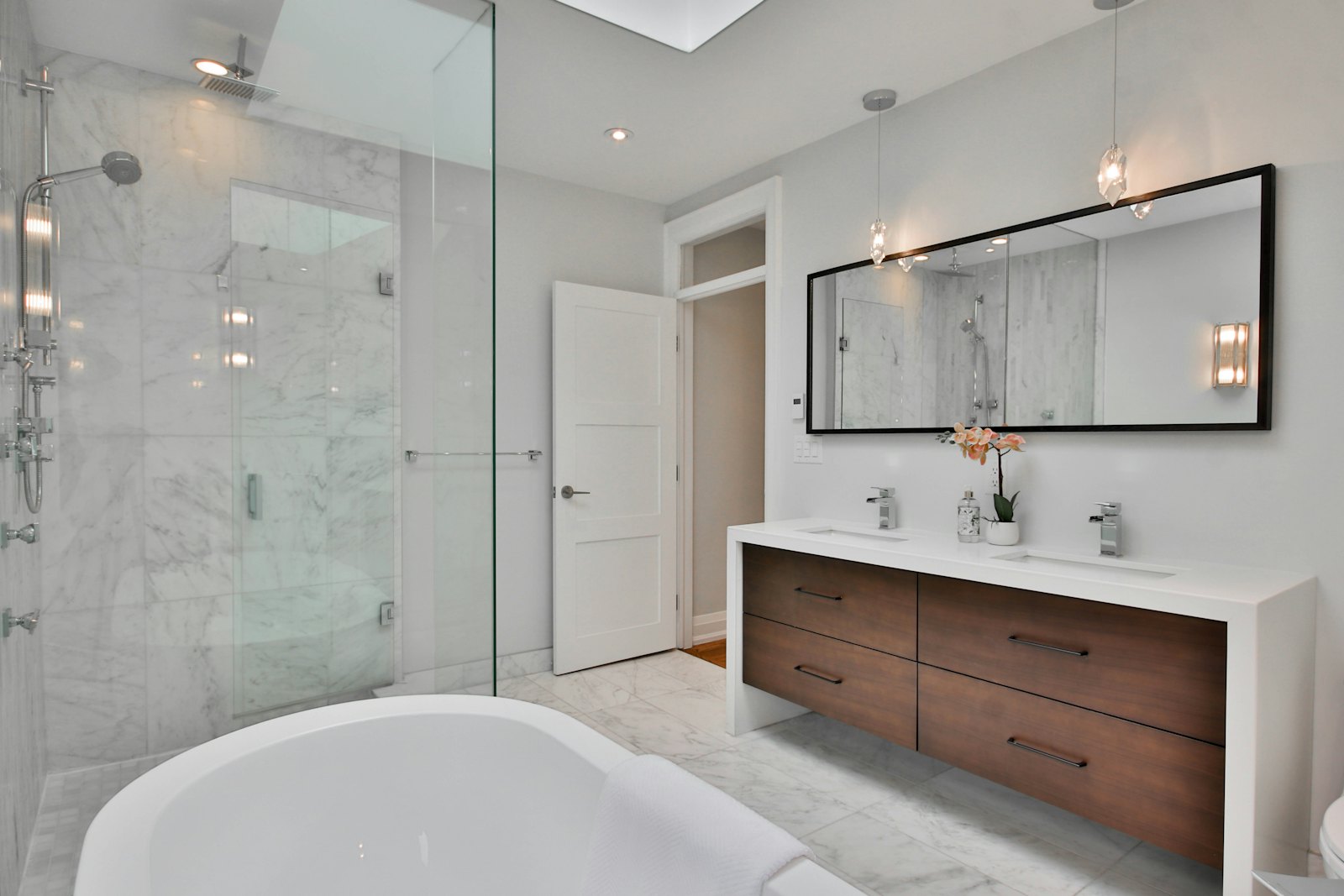 A finished walk-in shower bathroom